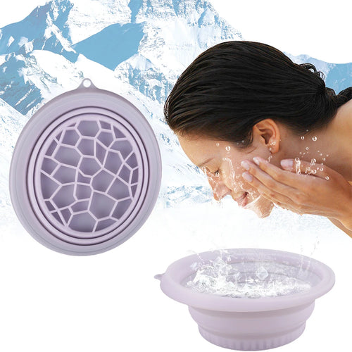 Woman using silicone ice facial folding washbasin for refreshing cold therapy skincare